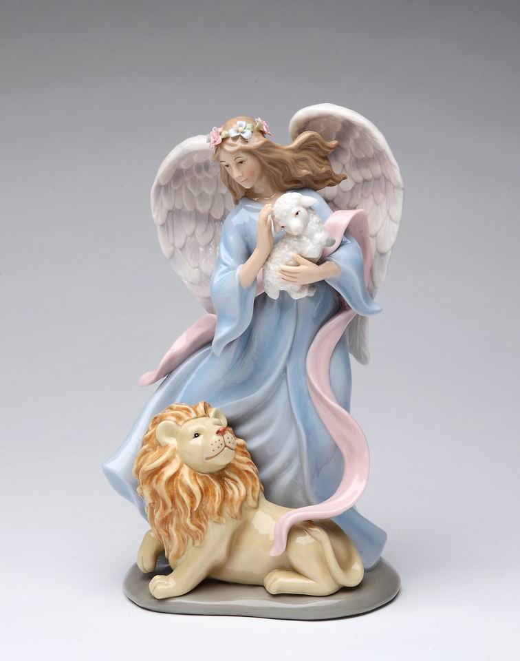 Ceramic Angel with Lion and Sheep Music Box Religious Décor Religious Gift Church Décor Church Gift Baptism Gift