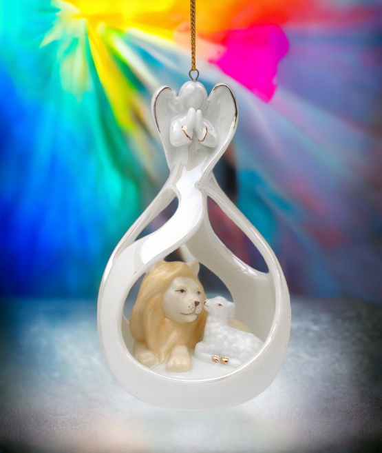 Ceramic Angel with The Lion and Lamb Eternal Peace Ornament Home Décor Religious Décor Religious Gift Church Décor