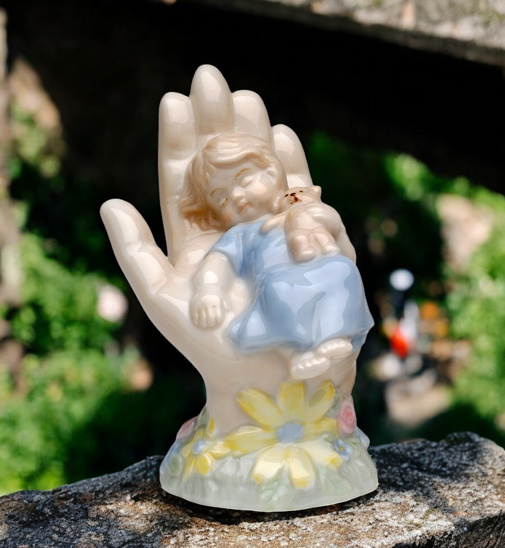 Ceramic Baby Boy Lying on Hand Figurine Gift for New Parents Nursery Room Decor - Figurine