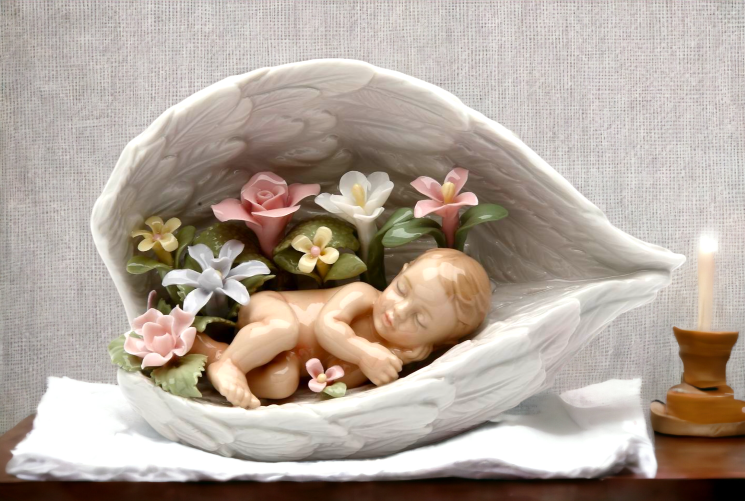 Ceramic Baby in Angel’s Wings Covered by Flowers Gift for New Parents Baby Shower Gift Home Decor Nursery Room Decor