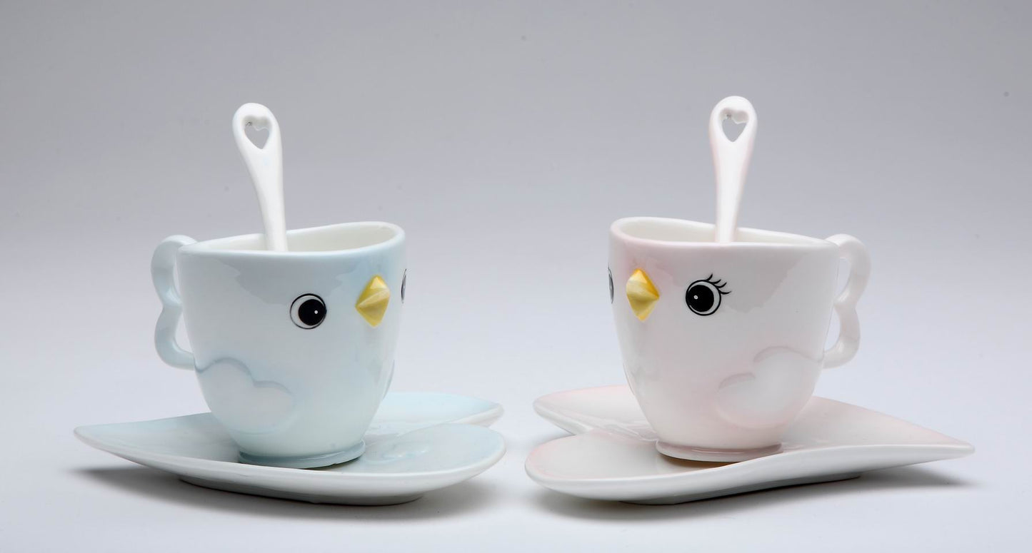 Ceramic Bird Cup & Saucer & Spoon-2 Sets Gift for Her Gift for Mom Gift for Friend or Coworker Tea Party Décor Café