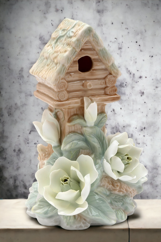 Ceramic Birdhouse With Magnolia Night Light Home Décor Gift for Her Gift for Mom Nature Lover Décor Cottagecore - Night