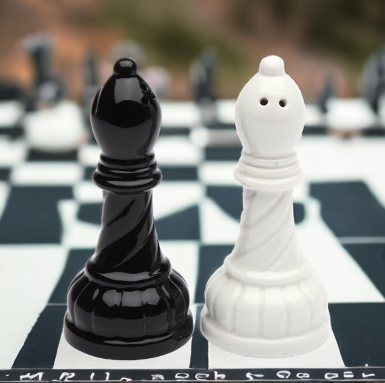 Ceramic Black and White Bishop Chess Pieces Salt and Pepper Shakers Home Décor Gift for Him Gift for Dad Kitchen Décor