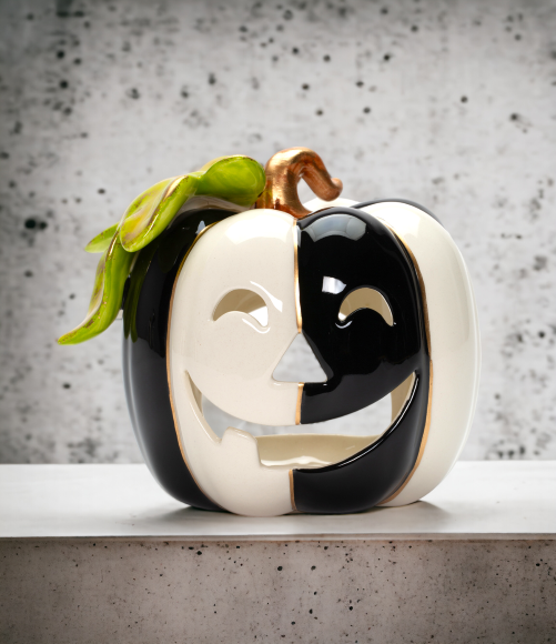 Ceramic Black and White Pumpkin Tealight Holder Halloween Decor Kitchen Decor Bathroom Decor Gift for Her Gift for Mom