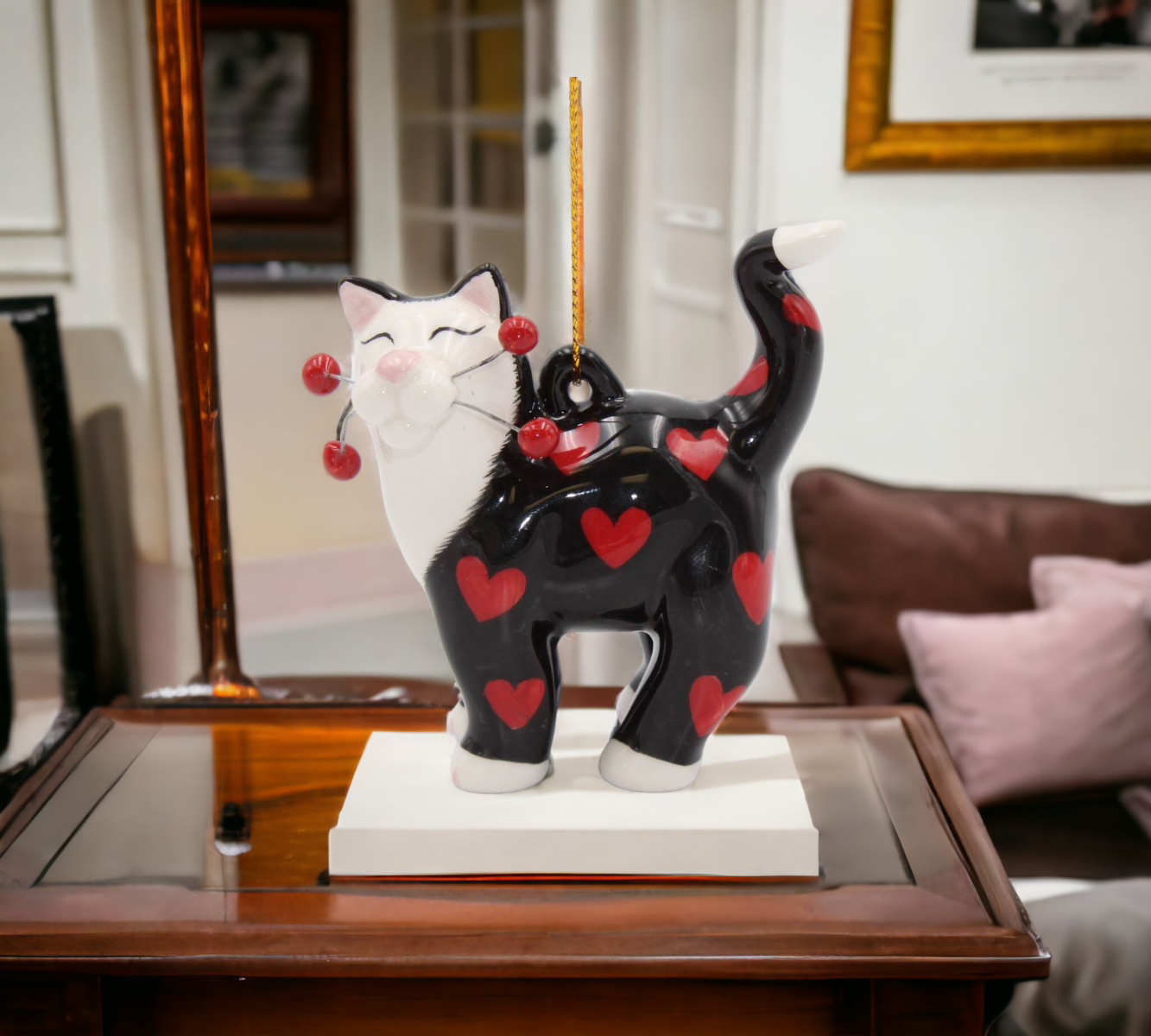 Ceramic Black Cat with Red Hearts Ornament Home Décor Gift for Her Gift for Mom Valentine’s Day Décor Romantic Décor