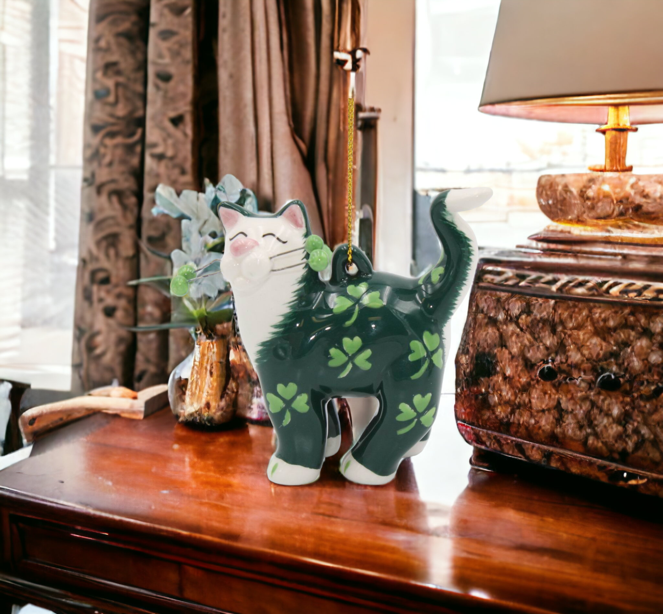 Ceramic Black Cat with Shamrock Design Ornament Home Décor Gift for Her Gift for Mom Kitchen Décor Irish Saint