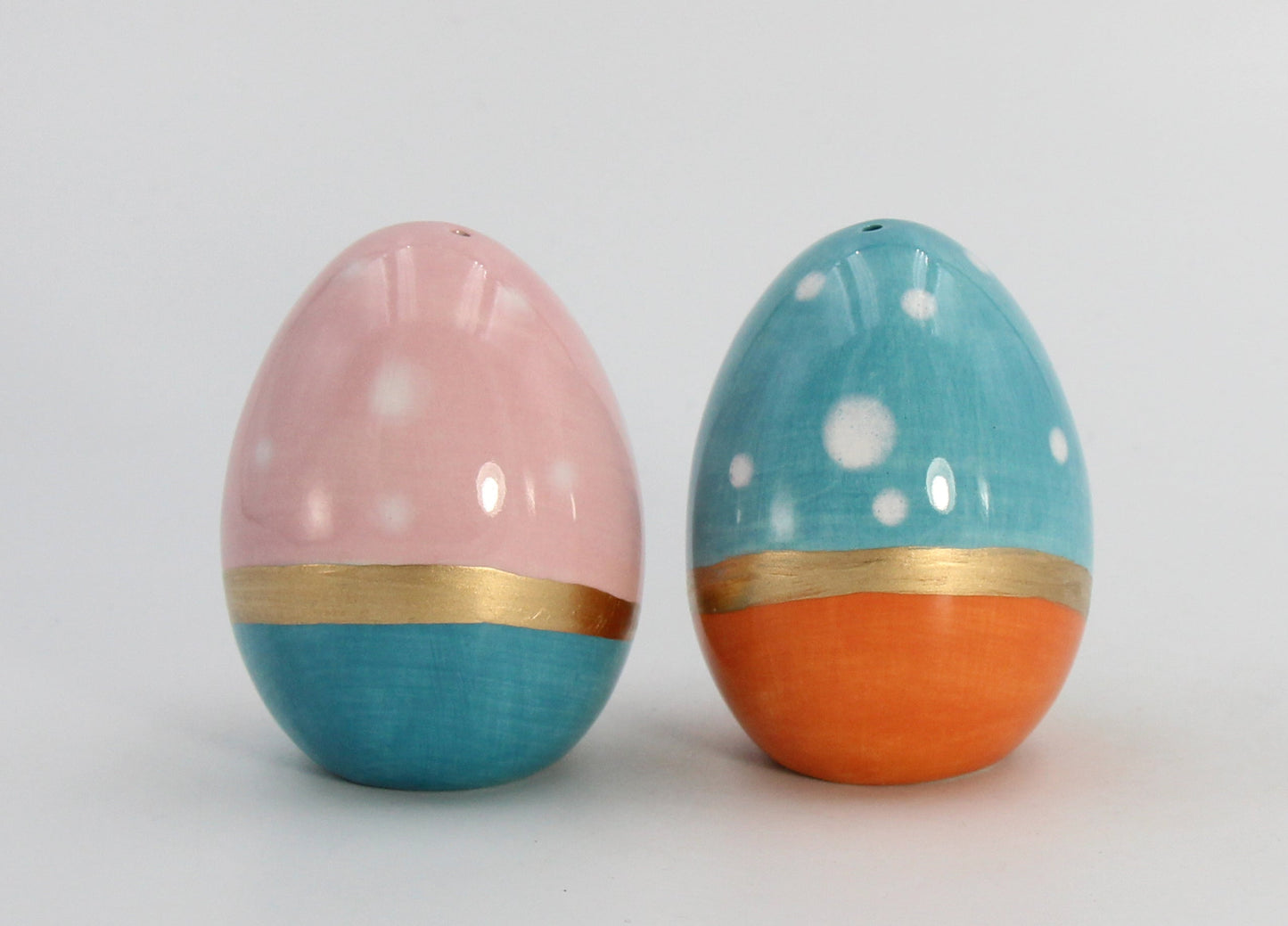 Ceramic Blue and Pink Easter Eggs with Gold Accent Salt and Pepper Shakers Gift for Her Gift for Mom Kitchen Décor
