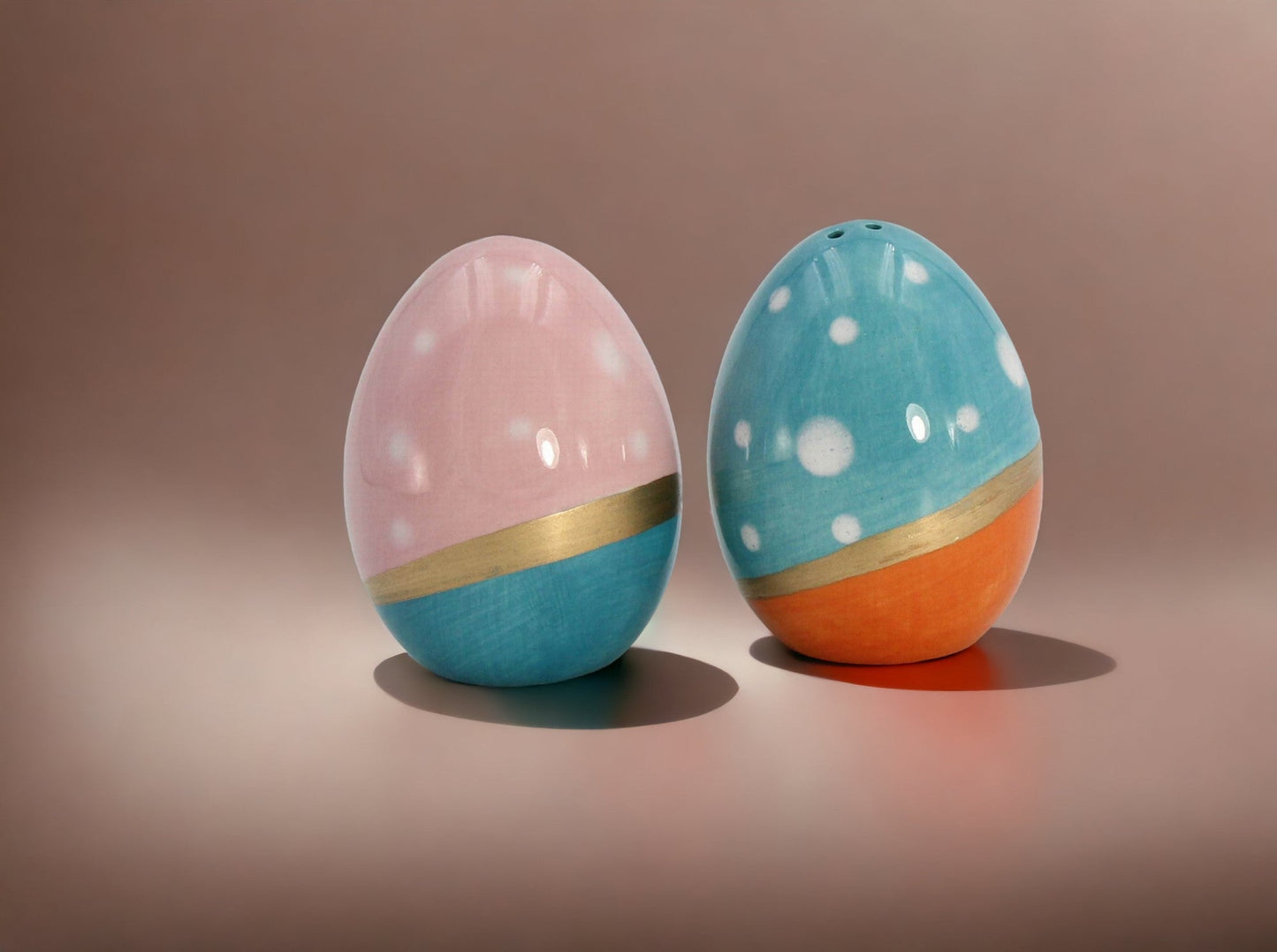Ceramic Blue and Pink Easter Eggs with Gold Accent Salt and Pepper Shakers Gift for Her Gift for Mom Kitchen Décor