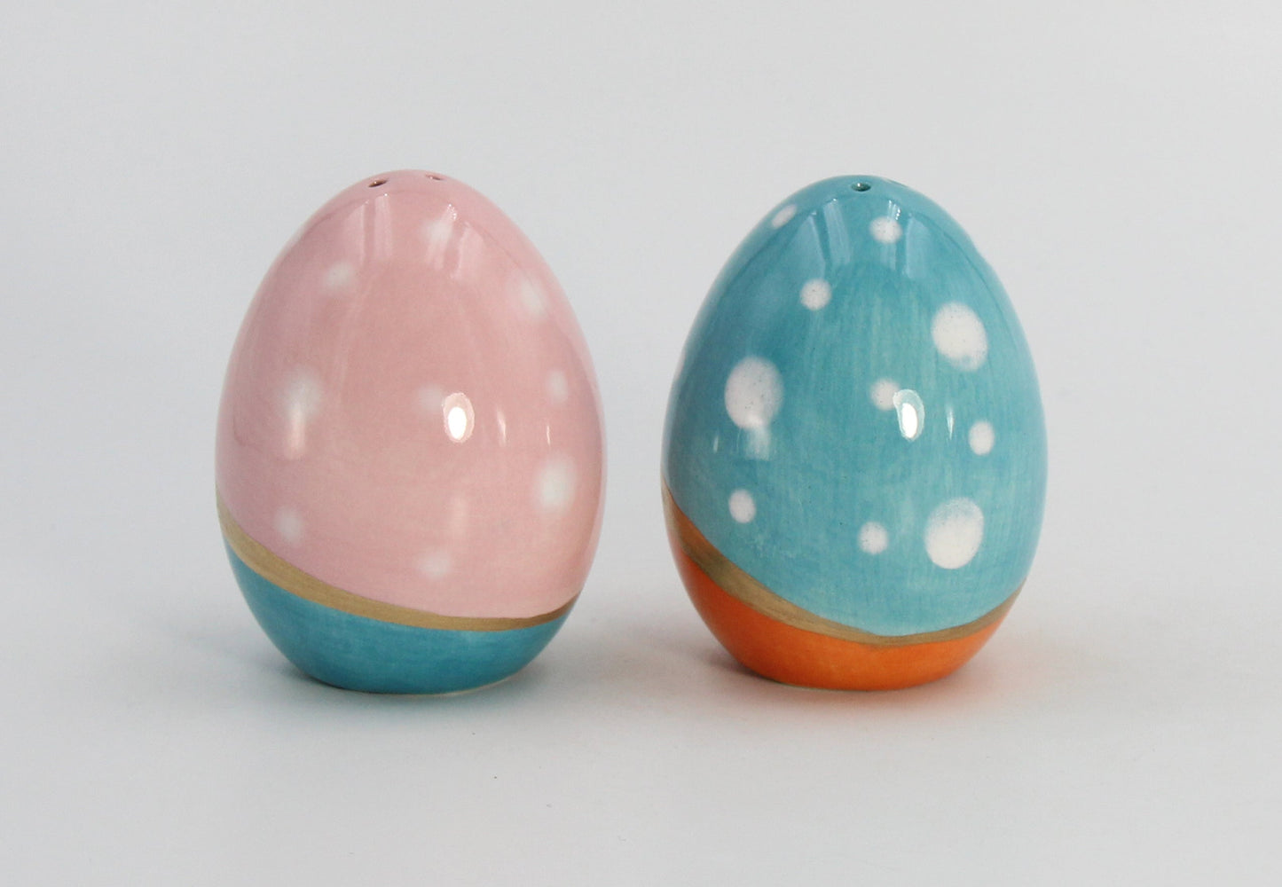 Ceramic Blue and Pink Easter Eggs with Gold Accent Salt and Pepper Shakers Gift for Her Gift for Mom Kitchen Décor