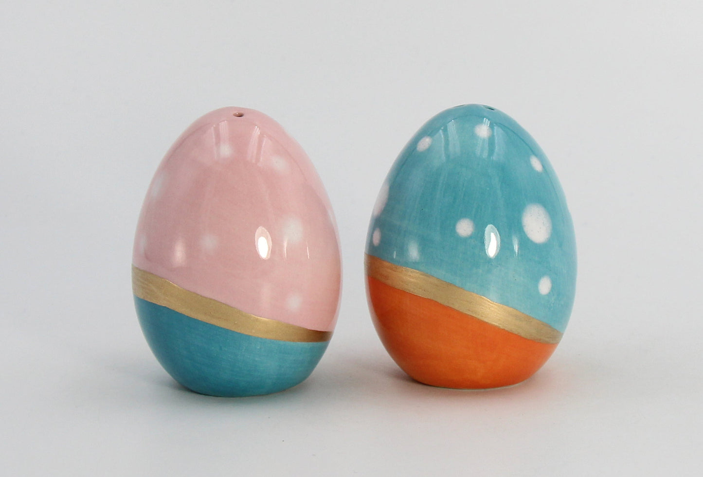 Ceramic Blue and Pink Easter Eggs with Gold Accent Salt and Pepper Shakers Gift for Her Gift for Mom Kitchen Décor