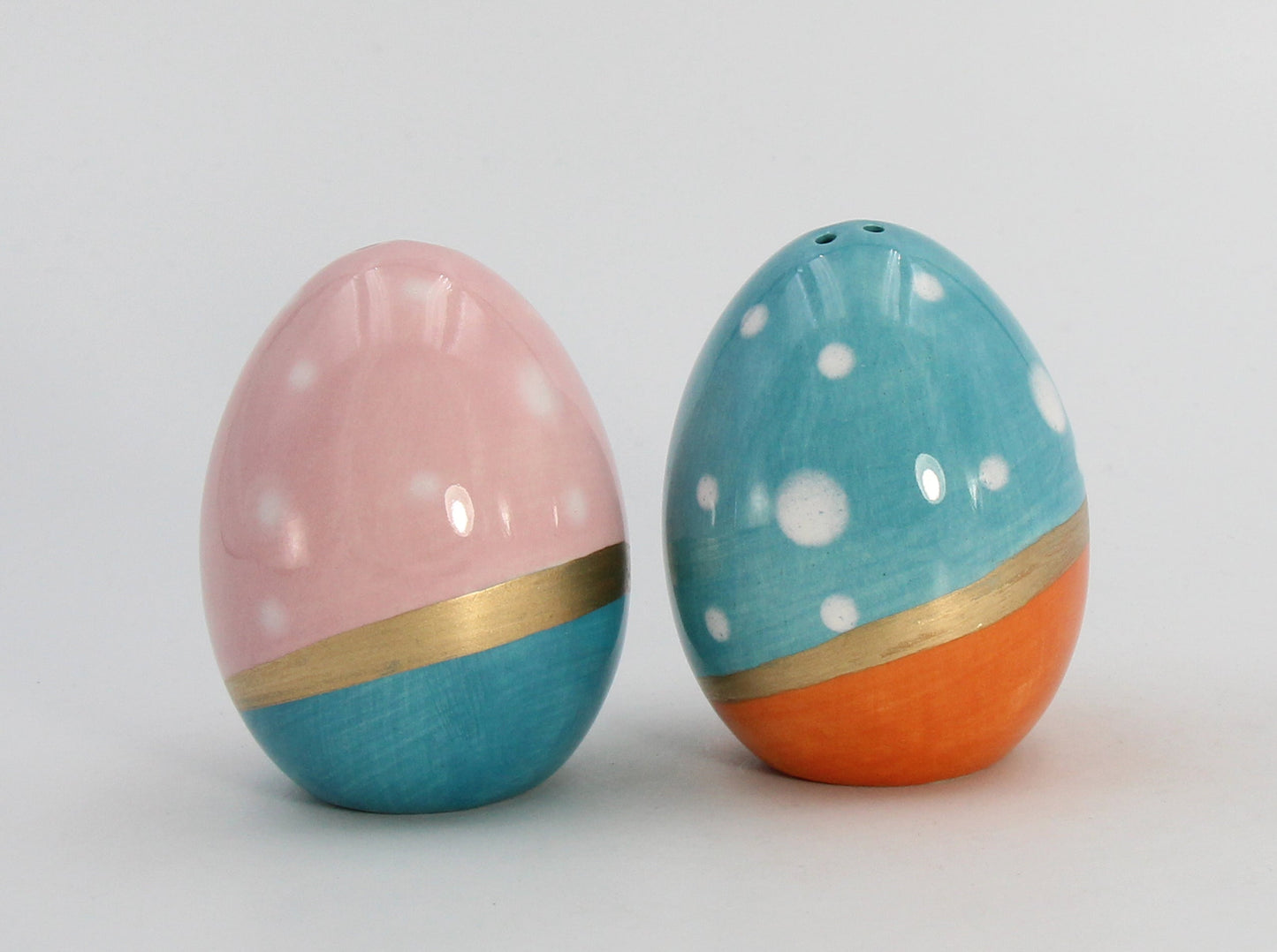 Ceramic Blue and Pink Easter Eggs with Gold Accent Salt and Pepper Shakers Gift for Her Gift for Mom Kitchen Décor