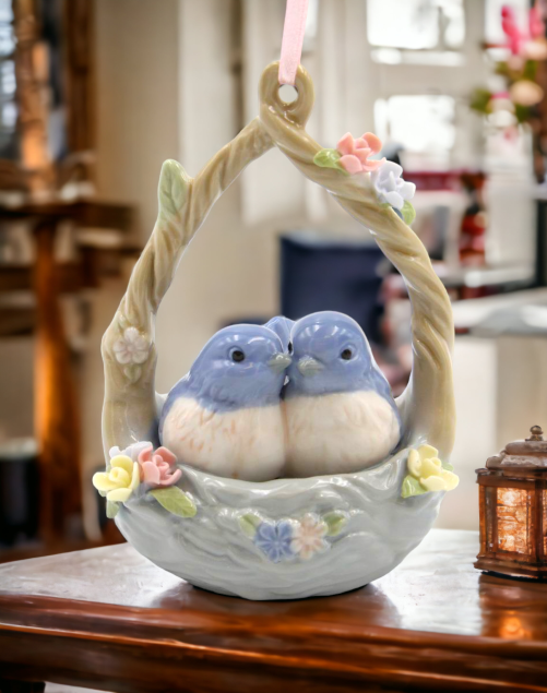 Ceramic Blue Birds in Basket Ornament Home Décor Gift for Her Gift for Mom Kitchen Décor Birdwatcher Gift Vintage Decor