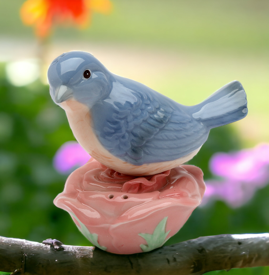 Ceramic Bluebird and Rose Flower Magnetic Salt & Pepper Shakers Home Décor Gift for Her Gift for Mom Kitchen Décor