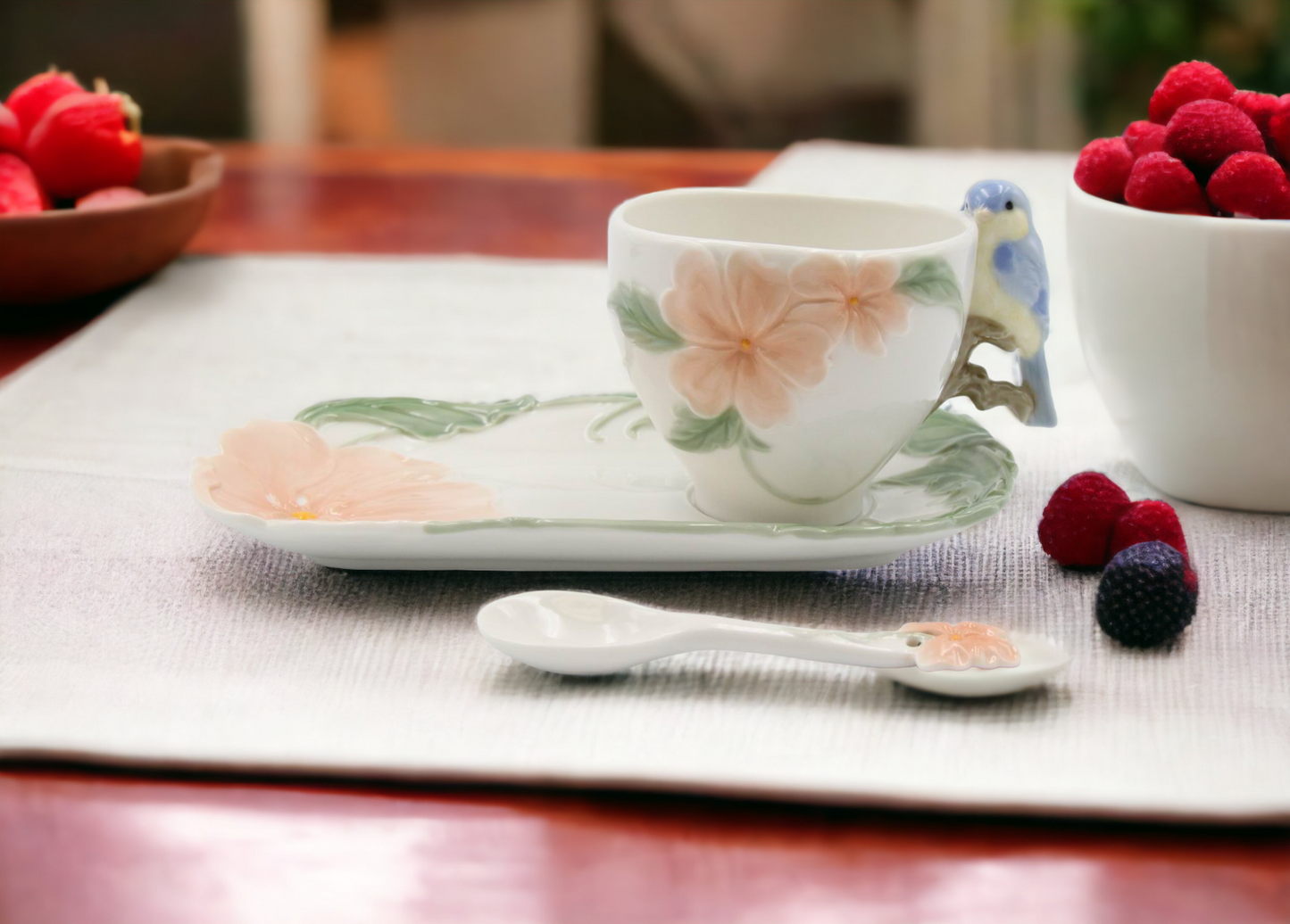 Ceramic Bluebird Flower Cup And Saucer And Spoon-1Set Gift for Her Gift for Mom Gift for Friend or Coworker Tea Party