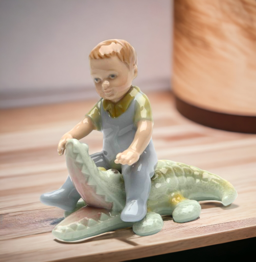 Ceramic Boy With Alligator Figurine Nursery Room Decor Baby Shower Gift Home Decor - Figurines