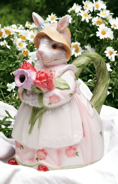 Ceramic Bunny Rabbit Holding Rose Flowers Teapot Home Décor Gift for Her Gift for Mom Kitchen Décor Spring Décor Easter