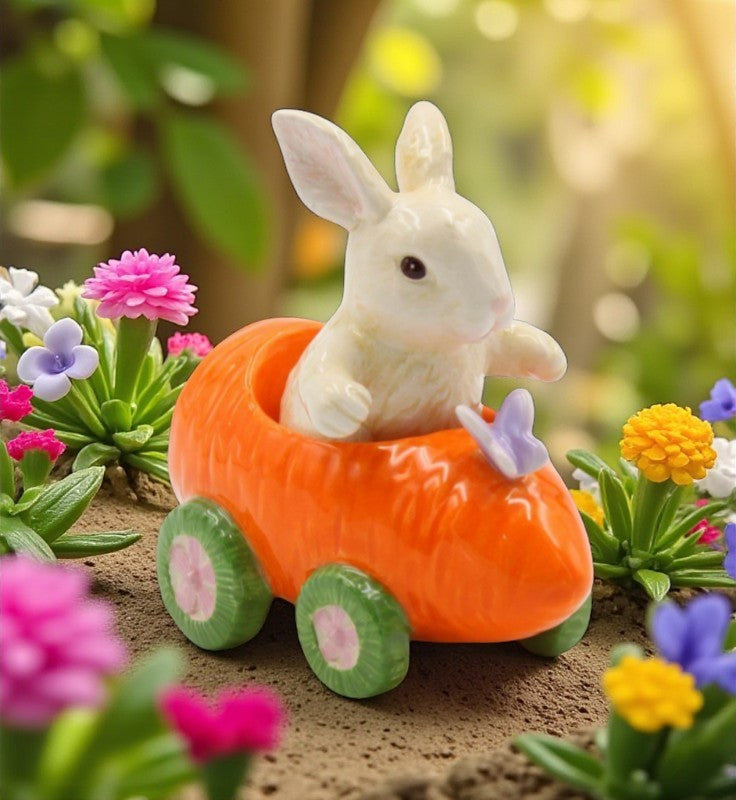 Ceramic Bunny Rabbit In Carrot Racecar Salt And Pepper Shakers Home Décor Gift for Her or Mom Kitchen Décor Spring