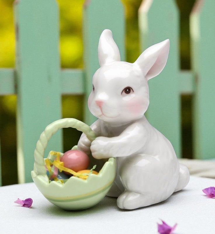 Ceramic Bunny Rabbit With Easter Egg Basket Figurine Home Décor Gift for Her Gift for Mom Kitchen Décor Spring Décor