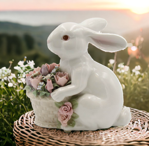 Ceramic Bunny Rabbit With Flower Basket Figurine Home Décor Gift for Her Gift for Mom Kitchen Décor Spring Décor Easter