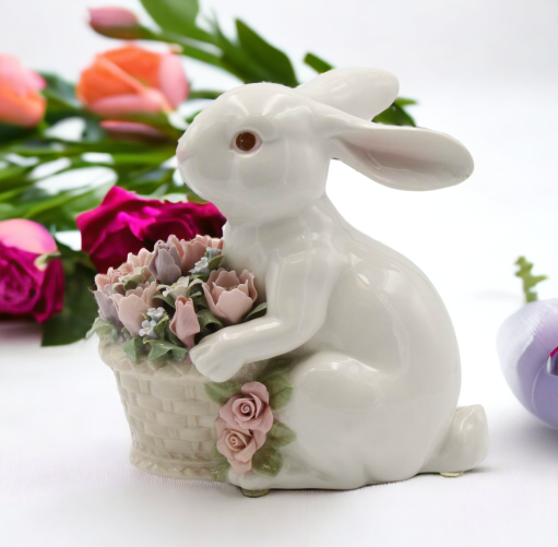 Ceramic Bunny Rabbit With Flower Basket Figurine Home Décor Gift for Her Gift for Mom Kitchen Décor Spring Décor Easter