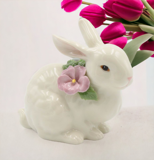 Ceramic Bunny Rabbit with Pink Pansy Flower Figurine Home Décor Gift for Her Gift for Mom Kitchen Décor Spring Décor