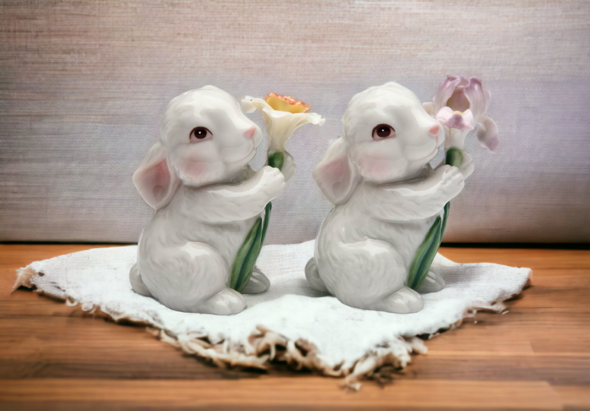 Ceramic Bunny Rabbits with Flowers Salt and Pepper Shakers Home Décor Gift for Her or Mom Kitchen Décor Spring Décor
