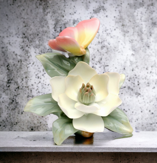 Ceramic Butterfly with Magnolia Flower Figurine Home Décor Gift for Her Gift for Mom Kitchen Décor Nature Lover Gift