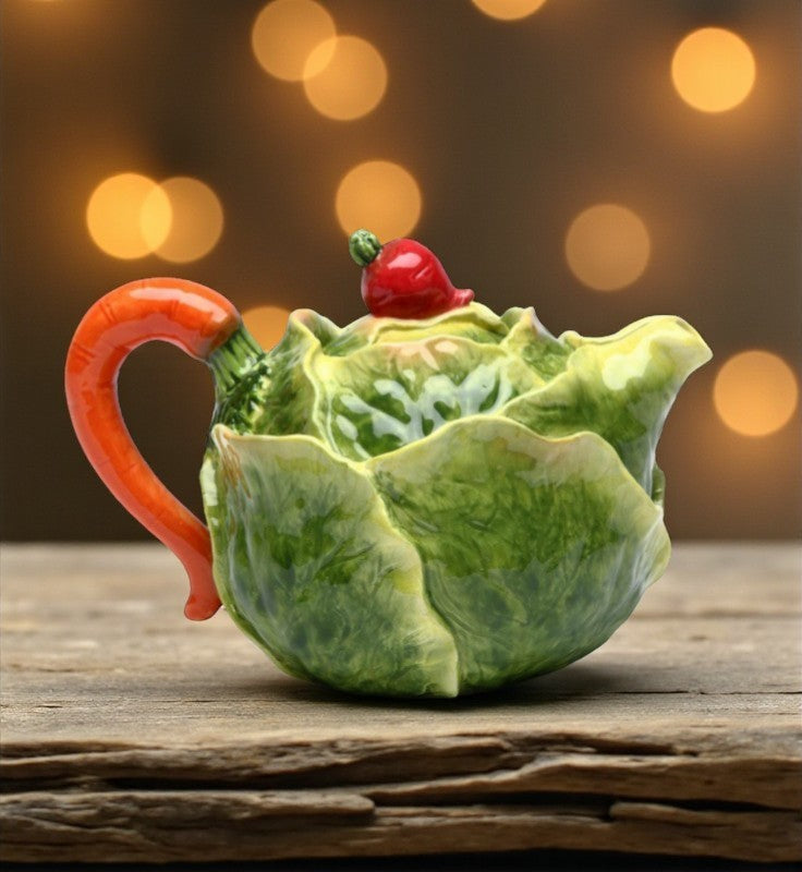 Ceramic Cabbage Teapot with Carrot Stick Lid Gift for Her Gift for Mom Tea Party Décor Café Décor Farmhouse Décor