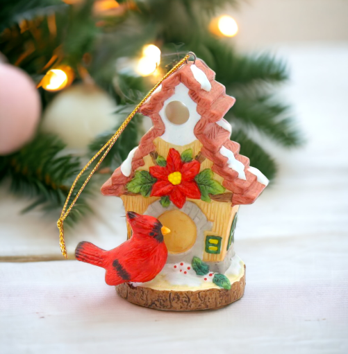 Ceramic Cardinal Bird with Birdhouse Light Cover Ornament Home Décor Gift for Her Mom Christmas tree Décor - Ornament