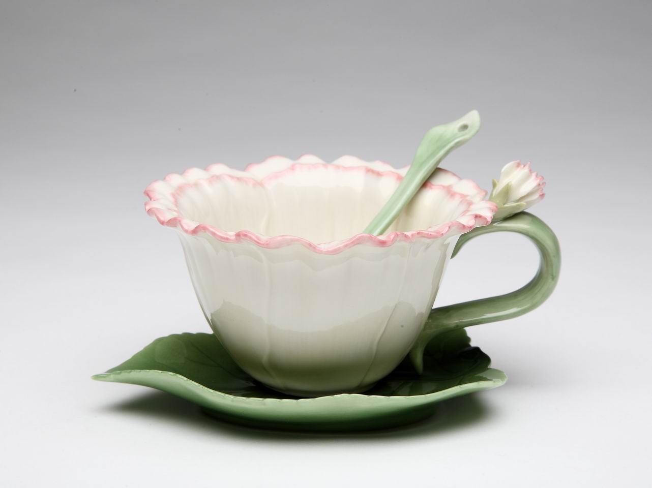 Ceramic Carnation Flower Cup and Saucer and Spoon-1 Set Gift for Her or Mom Gift for Friend or Coworker Tea Party Décor