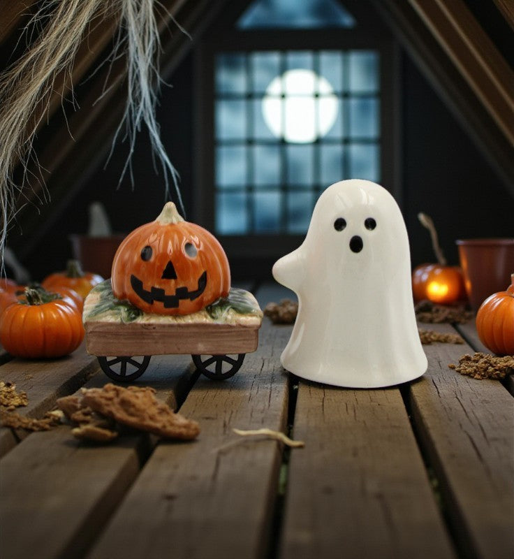 Ceramic Casper the Ghost And Pumpkin Wagon Halloween Salt And Pepper Shakers Gift for Her or Mom Kitchen Décor Fall