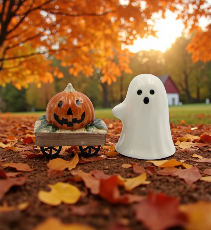 Ceramic Casper the Ghost And Pumpkin Wagon Halloween Salt And Pepper Shakers Gift for Her or Mom Kitchen Décor Fall