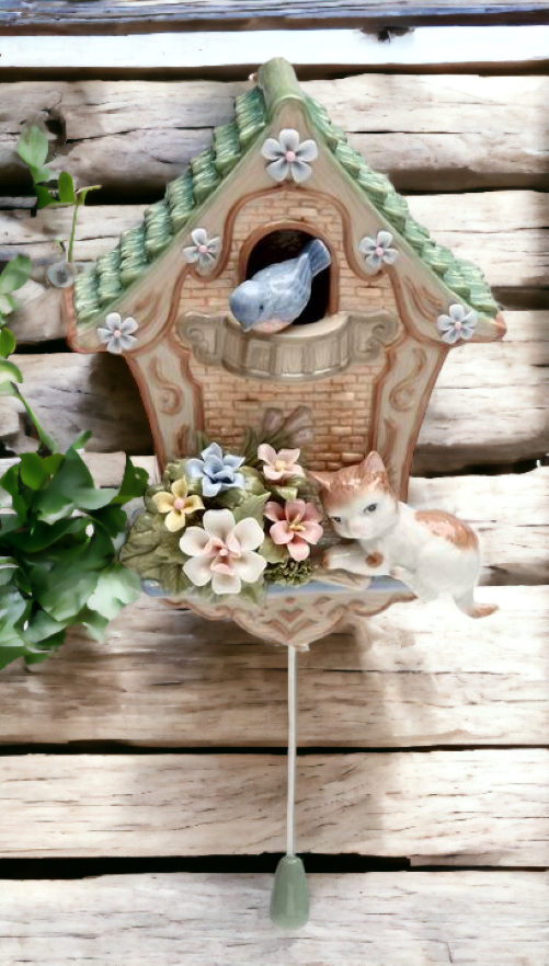 Ceramic Cat On The Birdhouse Music Box Home Decor Gift for Her Gift for Mom Cat Lover Gift Birdwatcher Gift - Music box