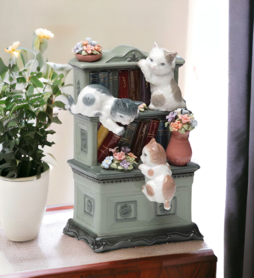 Ceramic Cats Playing on Bookshelf with Flowers Music Box Home Décor Gift for Her Mom Kitchen Décor Cat Lovers Gift Pet