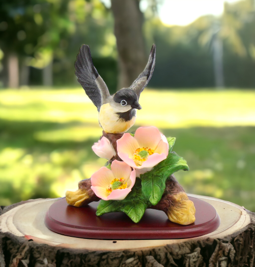 Ceramic Chickadee Bird with Flowers Figurine Home Décor Gift for Her Gift for Mom Kitchen Décor Birdwatcher Gift
