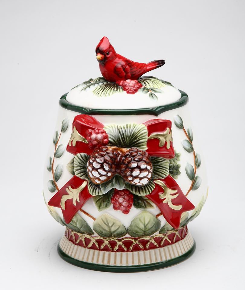 Ceramic Christmas Candy Jar with Cardinal Bird Christmas Decor - candy jar