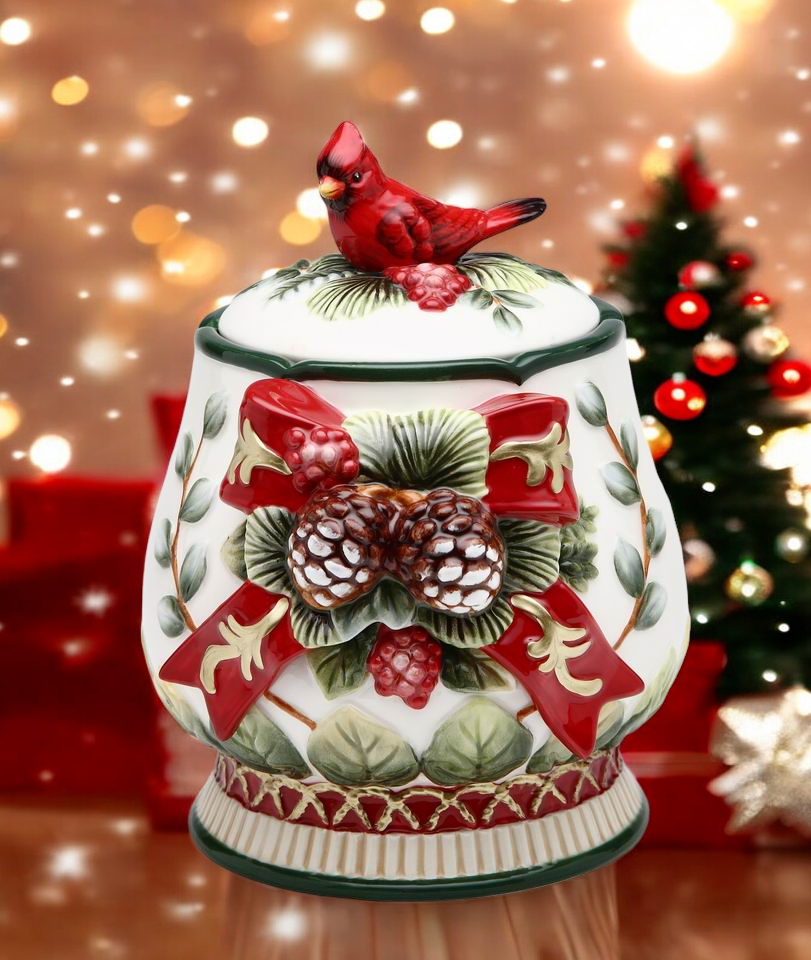 Ceramic Christmas Candy Jar with Cardinal Bird Christmas Decor - candy jar