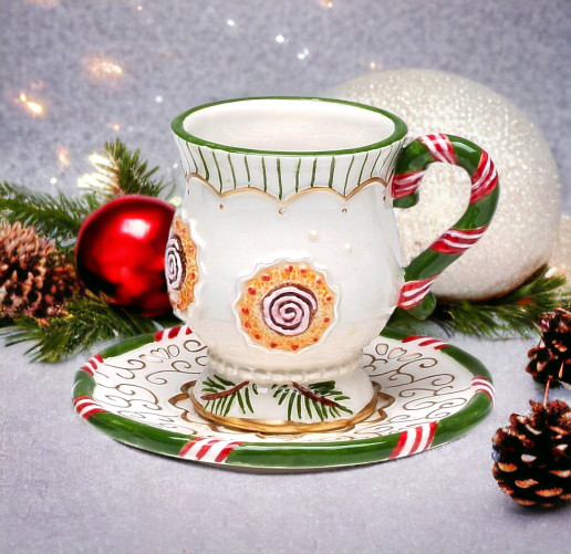 Ceramic Christmas Cup and Saucer Tree Ornament Home Décor Gift for Her Gift for Mom Kitchen Décor Christmas Décor