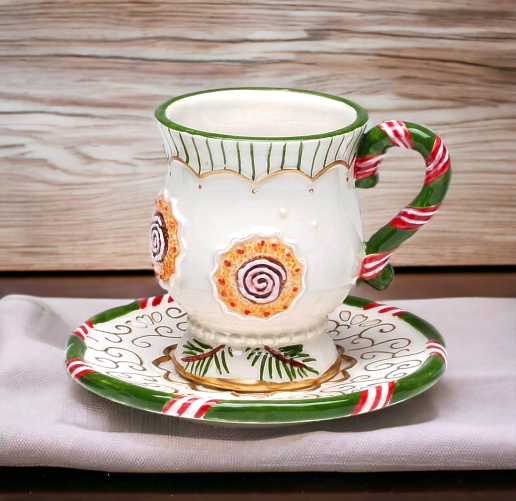 Ceramic Christmas Cup and Saucer Tree Ornament Home Décor Gift for Her Gift for Mom Kitchen Décor Christmas Décor
