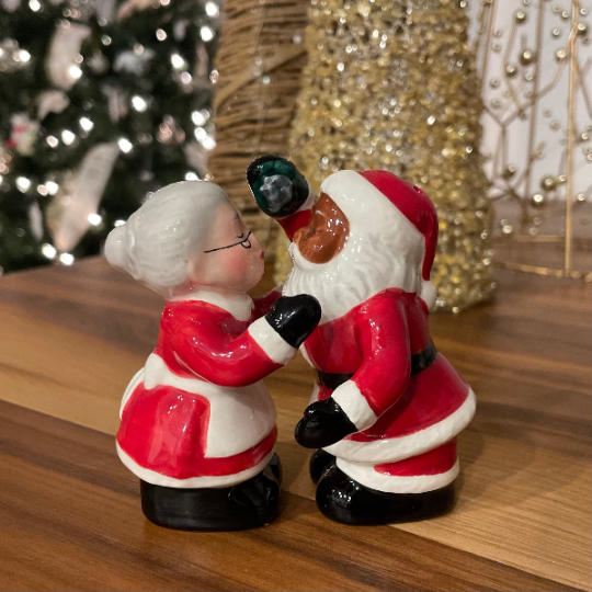 Ceramic Christmas Decor Interracial Santa and Mrs. Claus Salt and Pepper Shakers Home Décor Gift for Her Gift for Mom