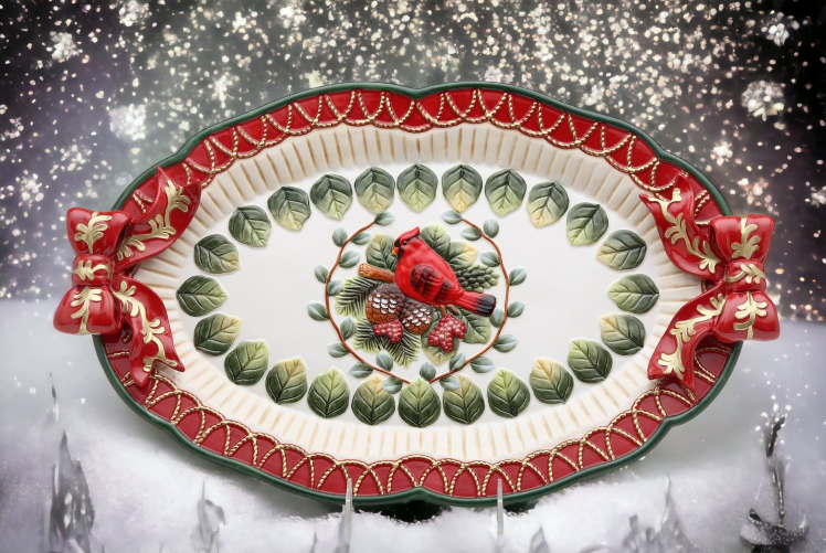 Ceramic Christmas Evergreen Holiday Robin Bird Tray Home Décor Gift for Her Gift for Mom Kitchen Décor Christmas Décor