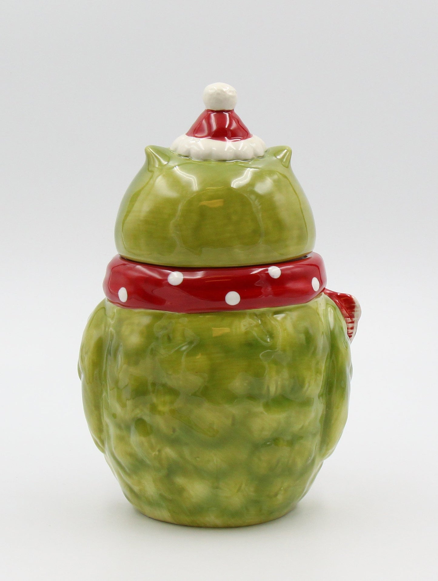 Ceramic Christmas Green Owl with Red Scarf Cookie Jar Home Décor Gift for Her Gift for Mom Kitchen Décor Birdwatcher