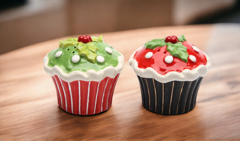 Ceramic Christmas Holly Cupcake Salt & Pepper Shakers Home Décor Gift for Her Gift for Mom Kitchen Décor Bakery Décor