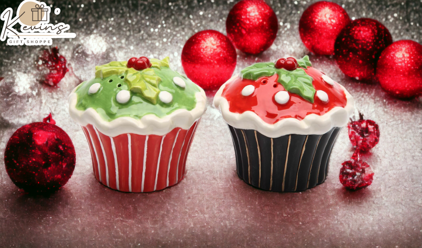 Ceramic Christmas Holly Cupcake Salt & Pepper Shakers Home Décor Gift for Her Gift for Mom Kitchen Décor Bakery Décor