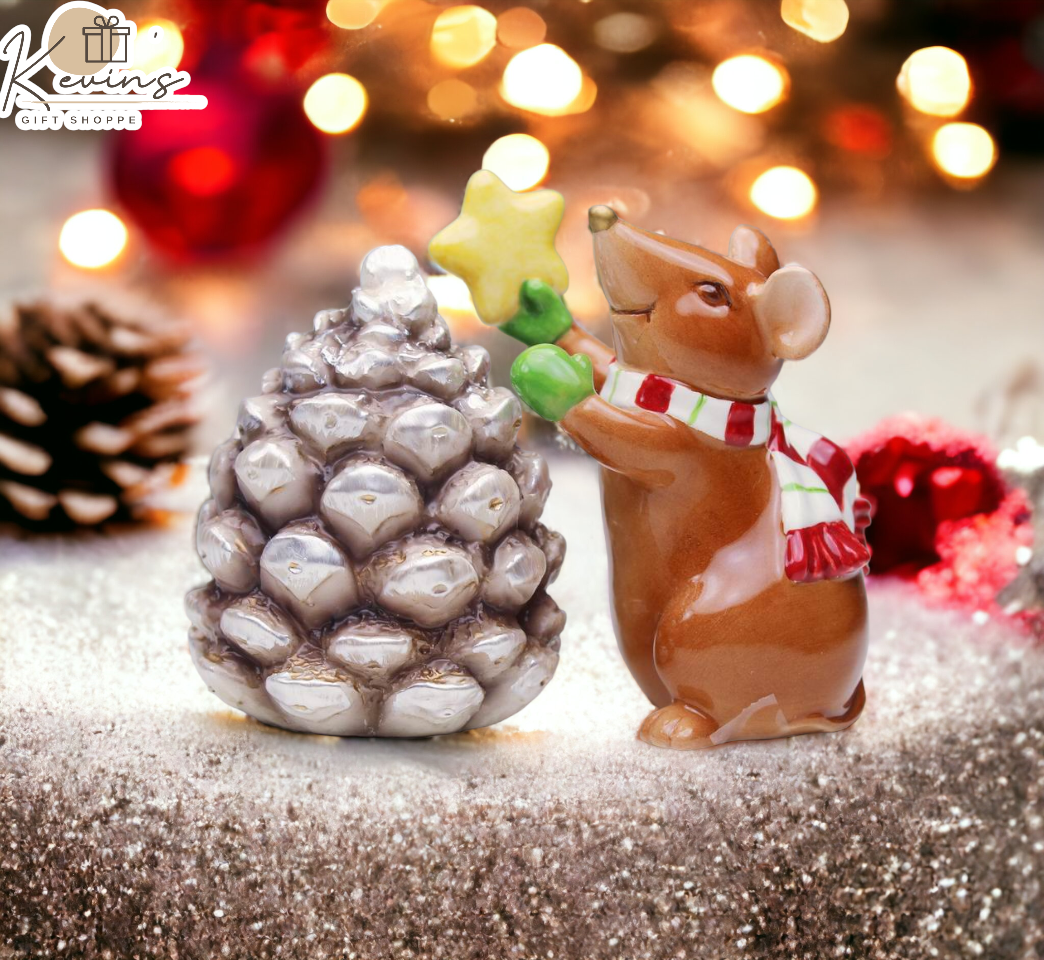 Ceramic Christmas Mouse With Pinecone Salt & Pepper Shakers Home Décor Gift for Her Gift for Mom Kitchen Décor