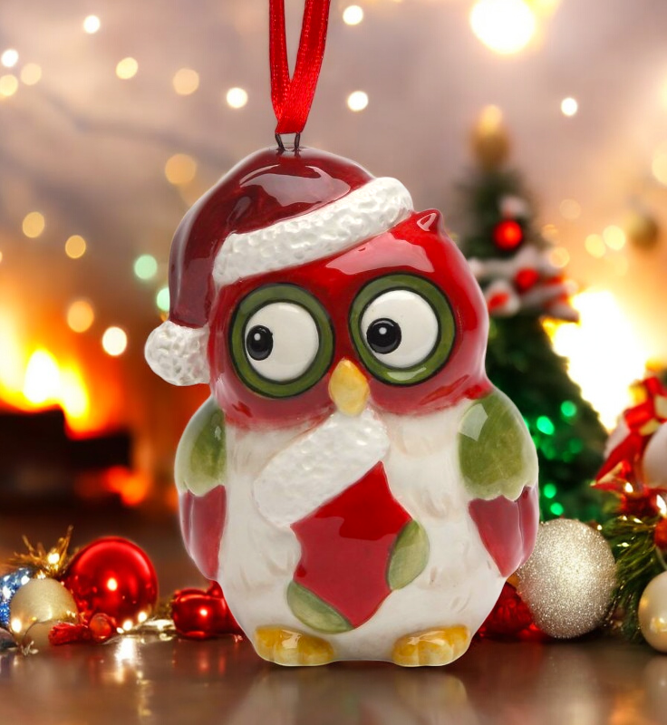 Ceramic Christmas Owl: Owl With Sock Ornament Christmas Tree Decor Owl Collector Gift - Ornament