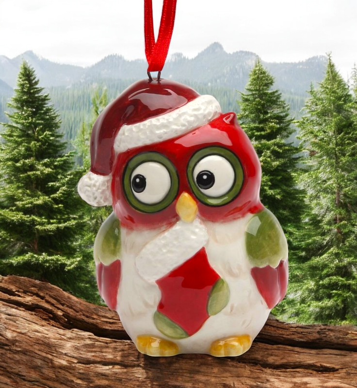 Ceramic Christmas Owl: Owl With Sock Ornament Christmas Tree Decor Owl Collector Gift - Ornament