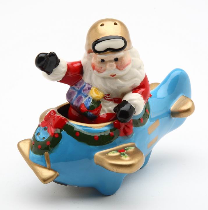 Ceramic Christmas Santa Flying Blue Airplane Salt & Pepper Shakers Gift for Pilot Gift for Her Gift for Mom Kitchen