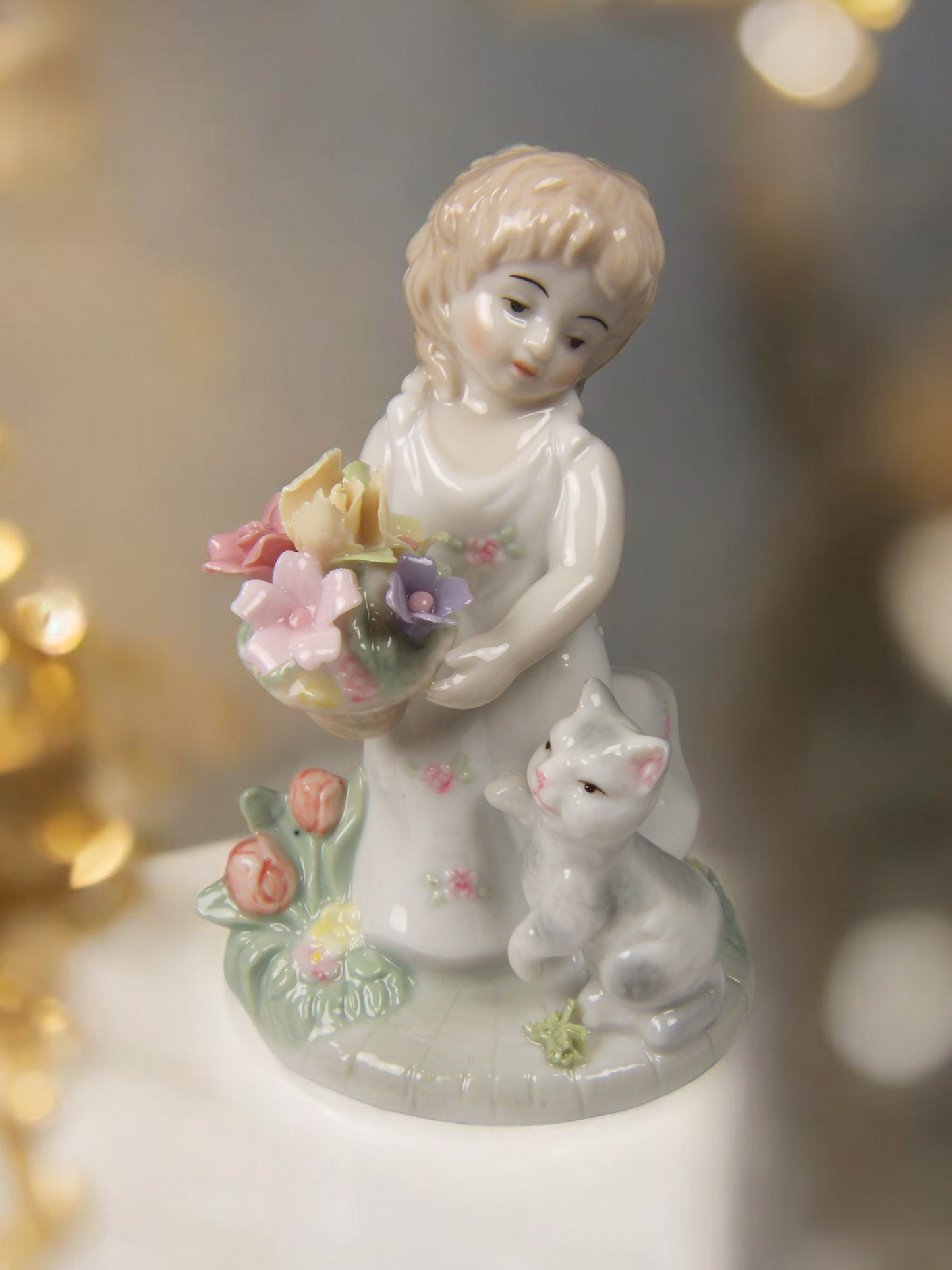 Ceramic Country Girl Holding Flowers Playing with a Cat Figurine Gift for Her Gift for Mom Cat Lover Gift Vintage Decor