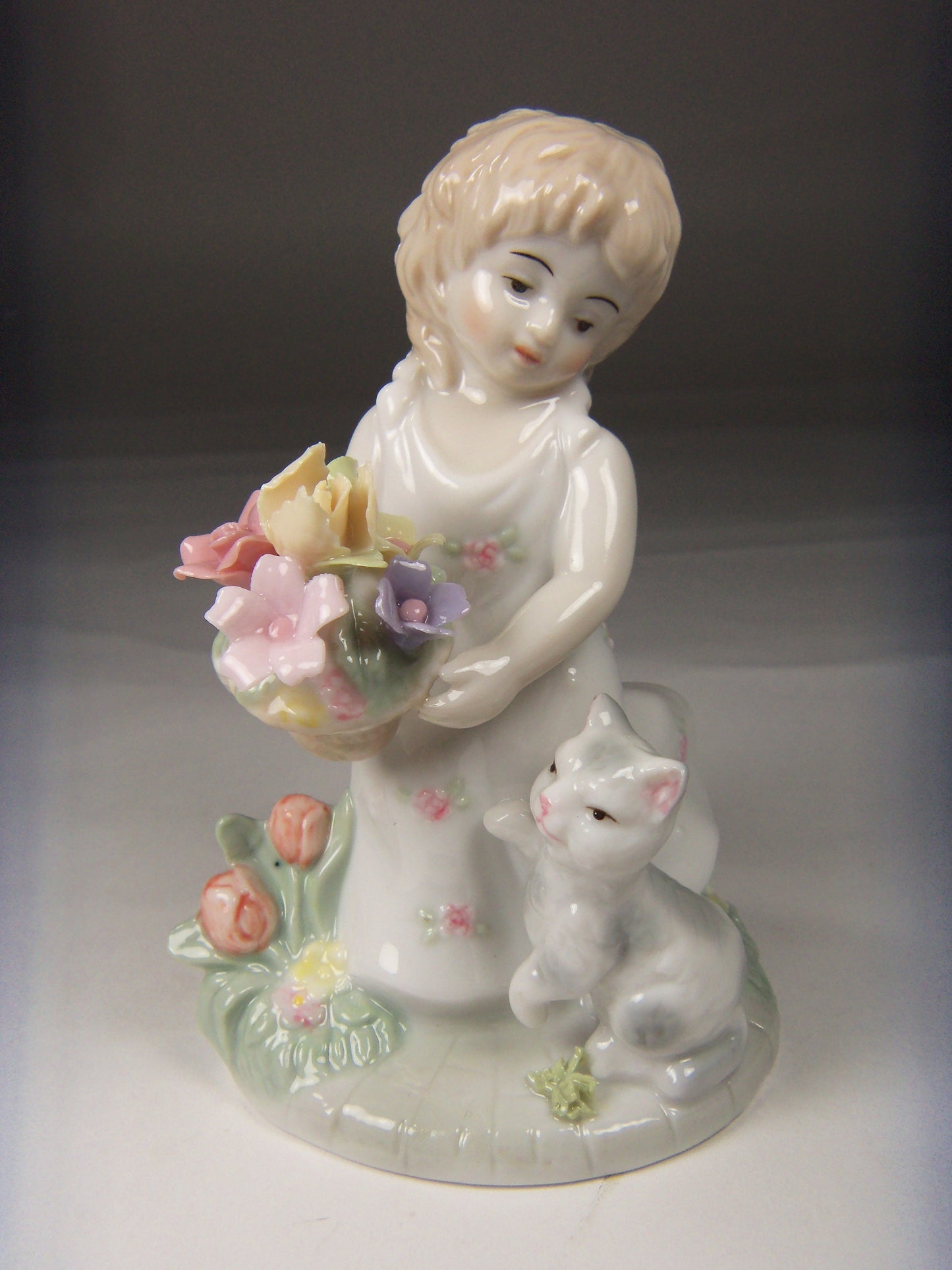Ceramic Country Girl Holding Flowers Playing with a Cat Figurine Gift for Her Gift for Mom Cat Lover Gift Vintage Decor